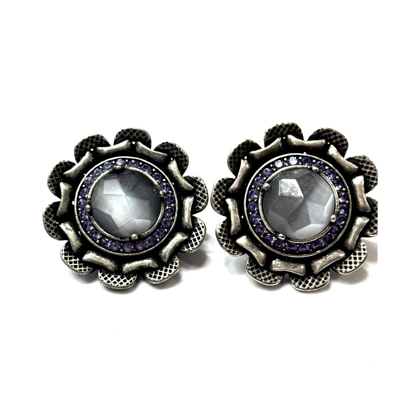 GIVENCHY Vintage Antique Silver Tone Button Amethyst Earrings