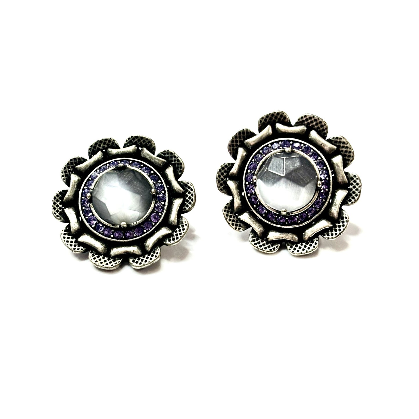 GIVENCHY Vintage Antique Silver Tone Button Amethyst Earrings