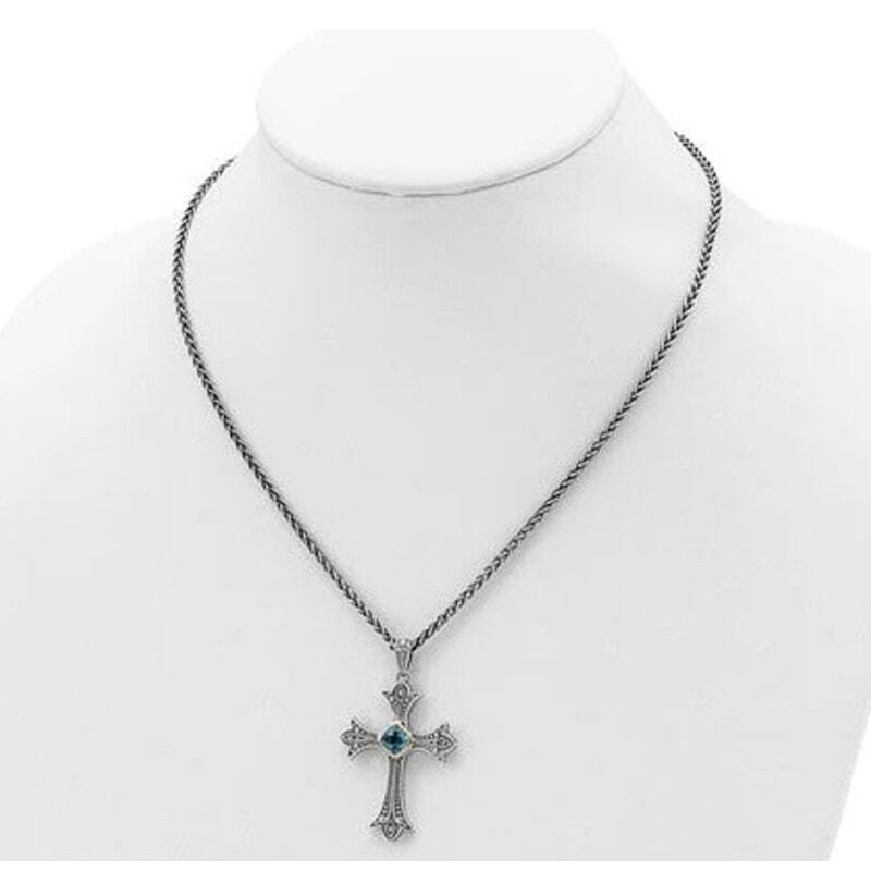 1.35 Carat Blue Topaz 14K Gold & Sterling Silver Cross Pendant Necklace 