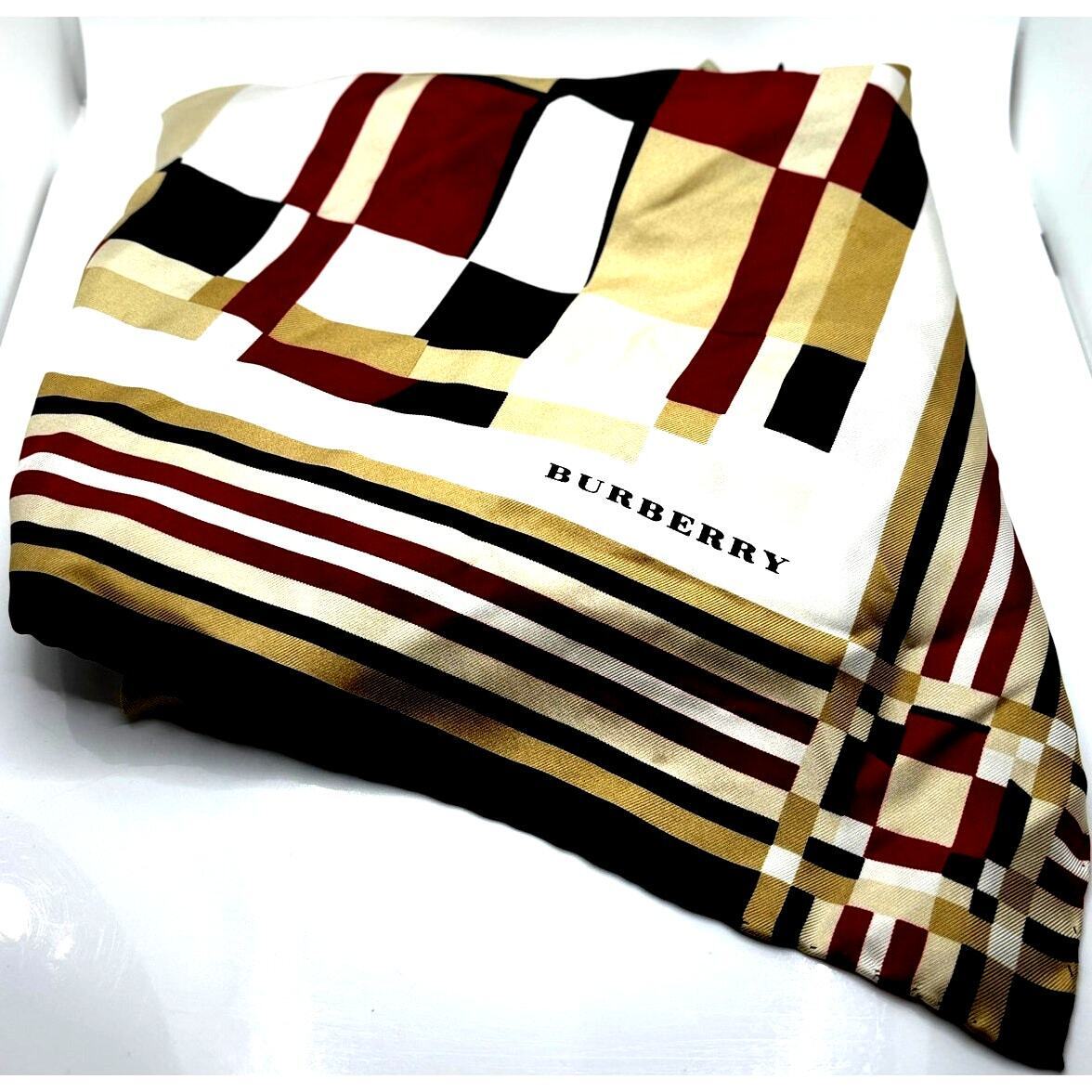 BURBERRY London 100% Silk Beige Red Black Checkered Scarf Wrap