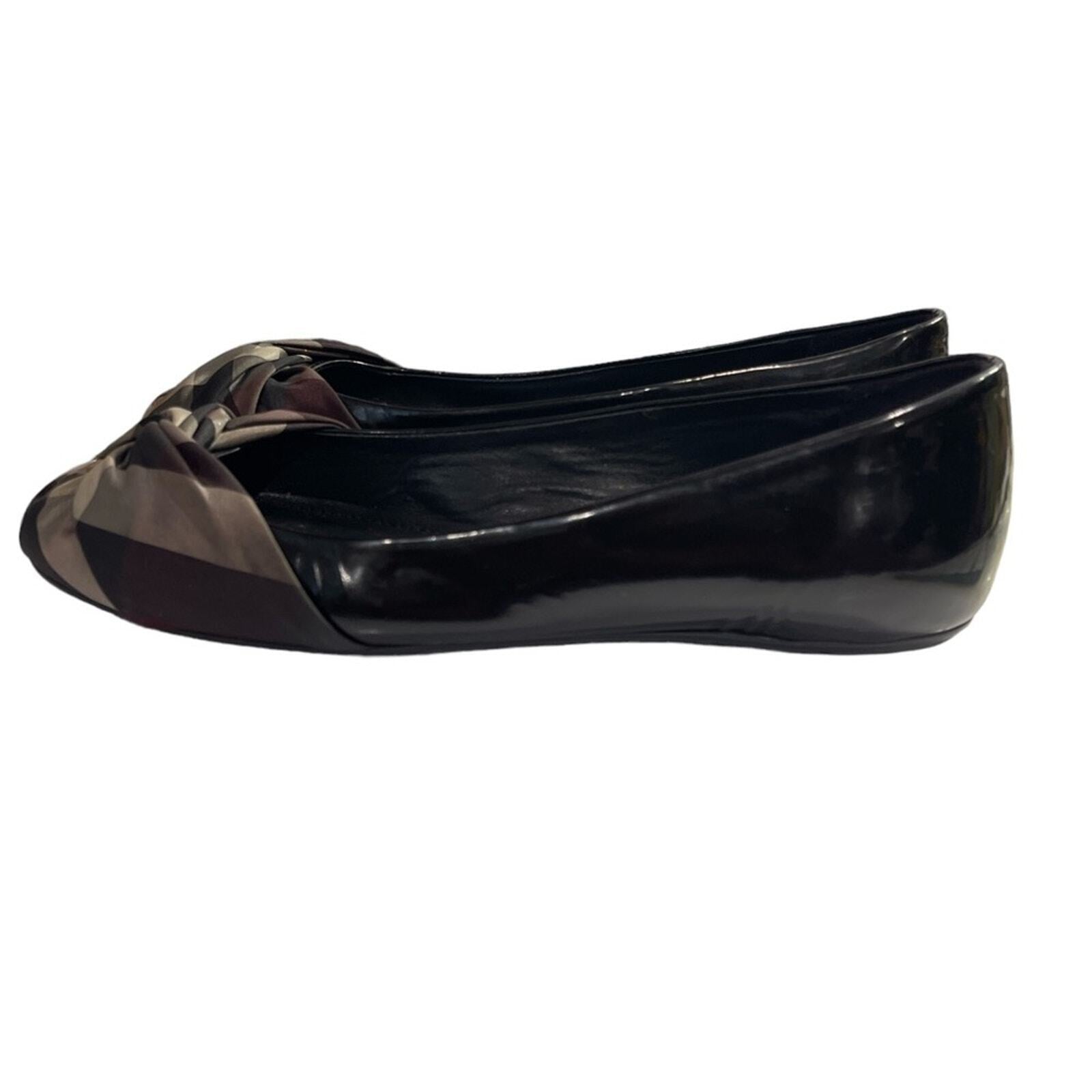 BURBERRY Nova Check Patent Leather Ribbon Ballet Flats Sz 38.5