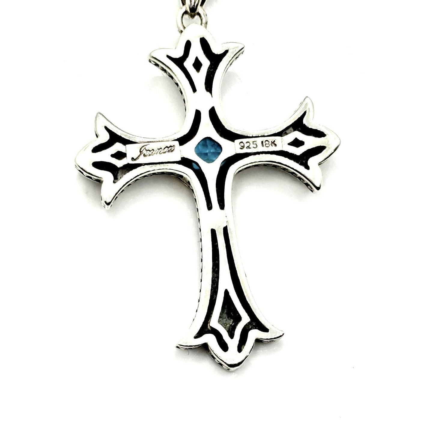 1.35 Carat Blue Topaz 14K Gold & Sterling Silver Cross Pendant Necklace 