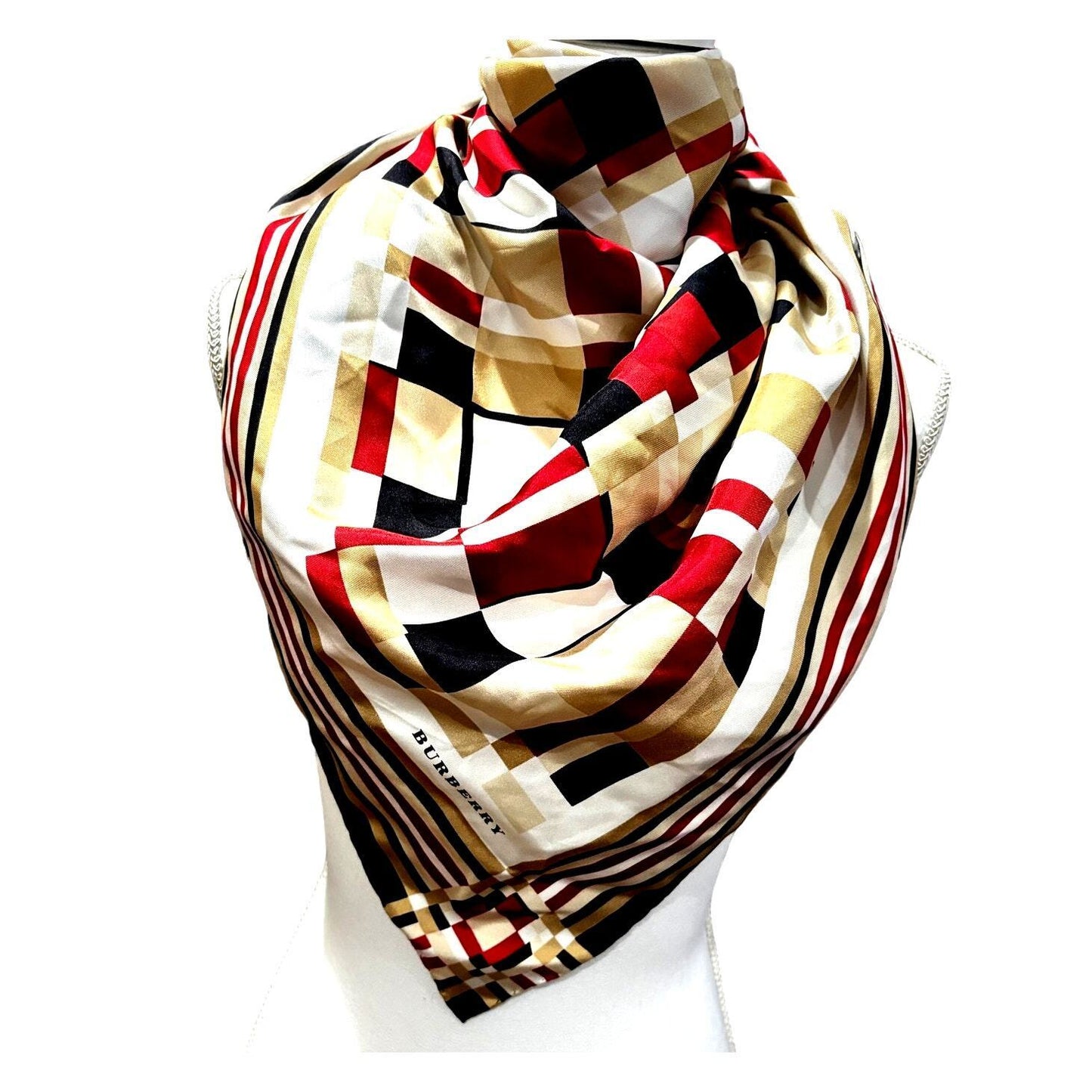 BURBERRY London 100% Silk Beige Red Black Checkered Scarf Wrap