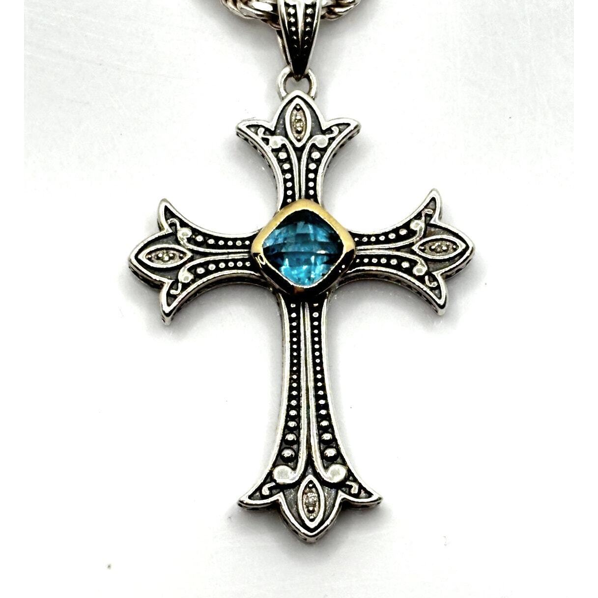 1.35 Carat Blue Topaz 14K Gold & Sterling Silver Cross Pendant Necklace 