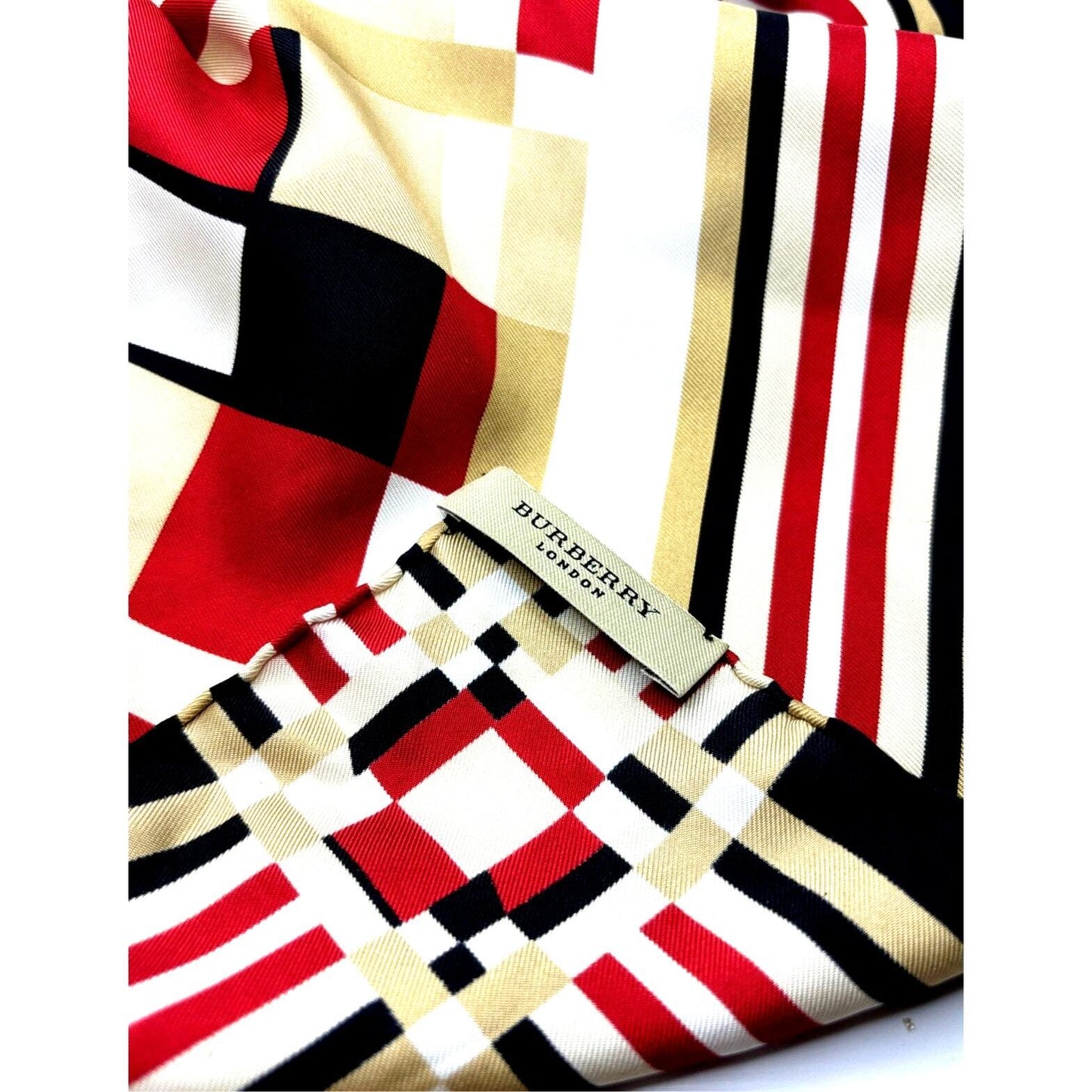 BURBERRY London 100% Silk Beige Red Black Checkered Scarf Wrap