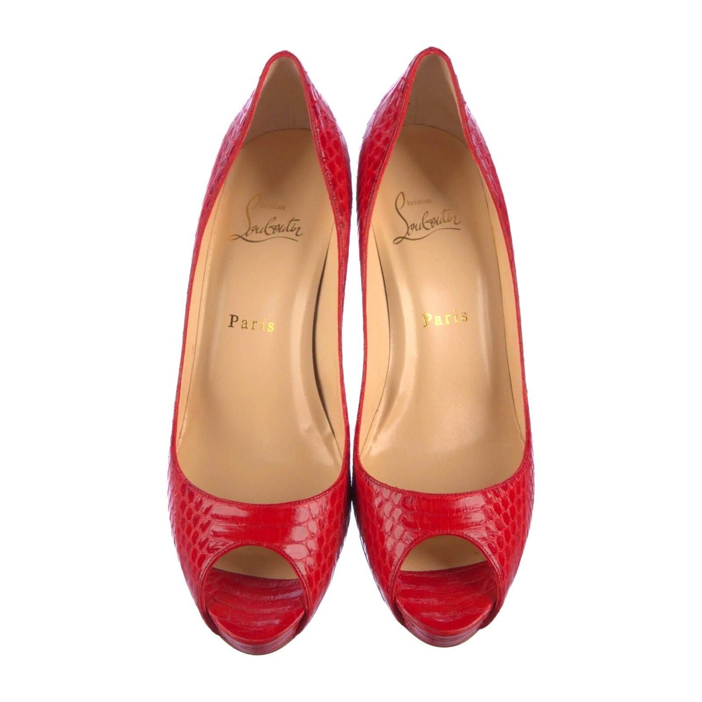 CHRISTIAN LOUBOUTIN Women's No Matter Red Watersnake Peep Toe Pumps Size 39.5