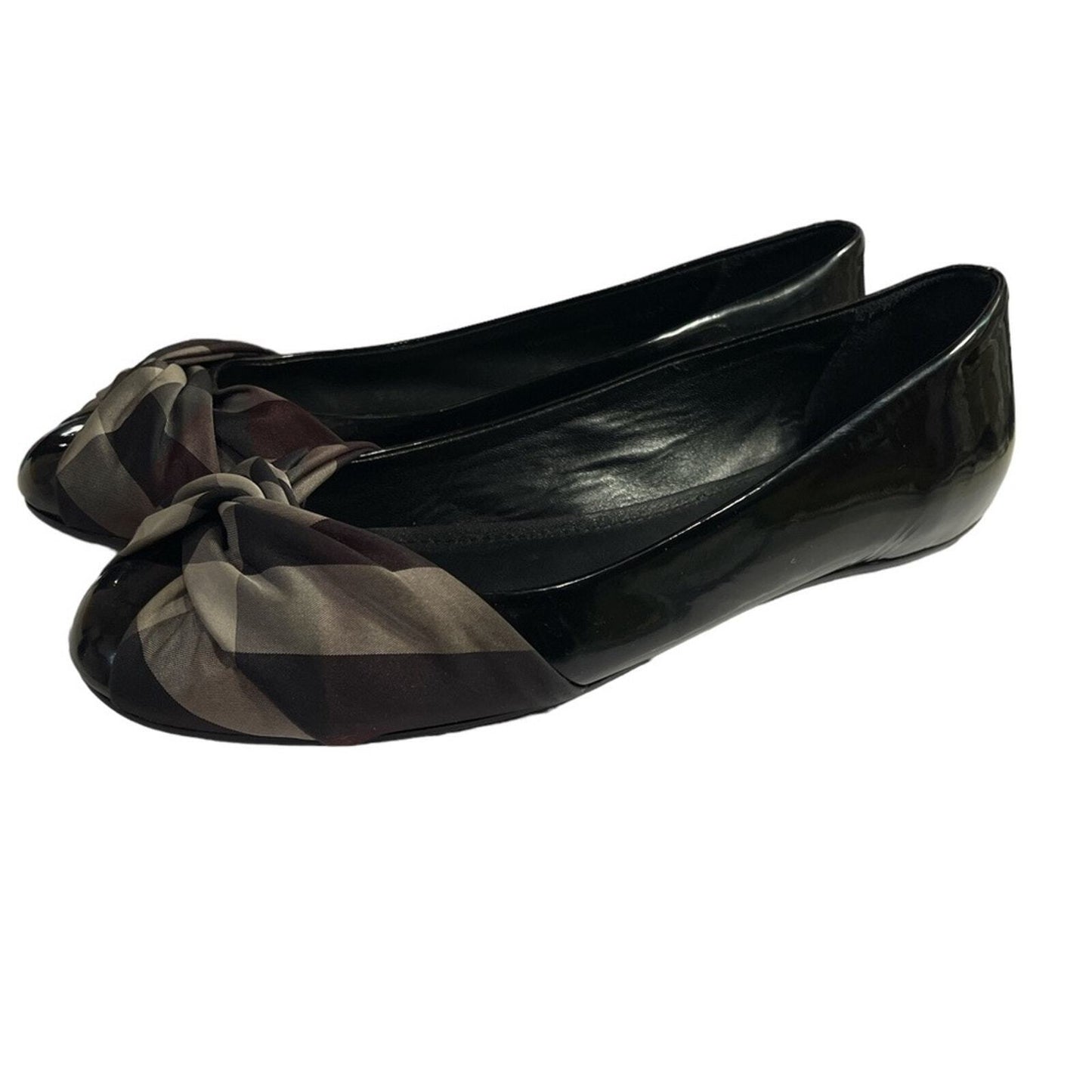 BURBERRY Nova Check Patent Leather Ribbon Ballet Flats Sz 38.5