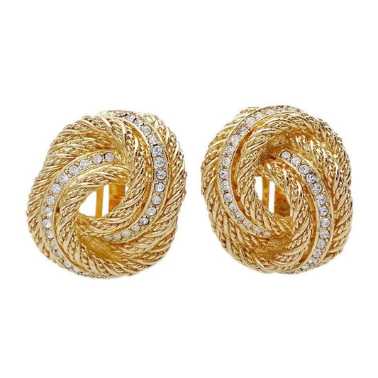 CHRISTIAN DIOR Vintage 1970s Crystal 18k Gold Plated Rope Knot Earrings