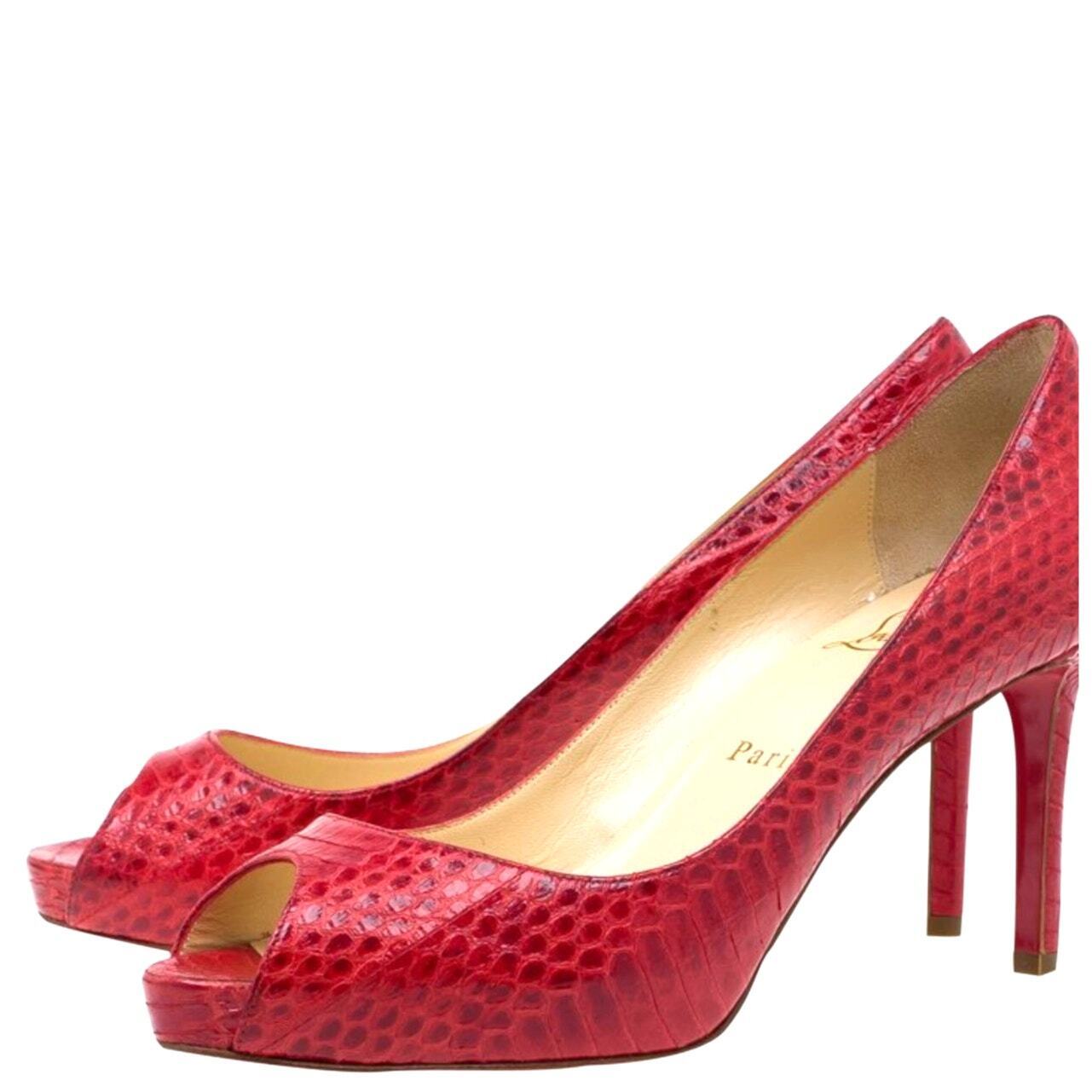 CHRISTIAN LOUBOUTIN Women's No Matter Red Watersnake Peep Toe Pumps Size 39.5