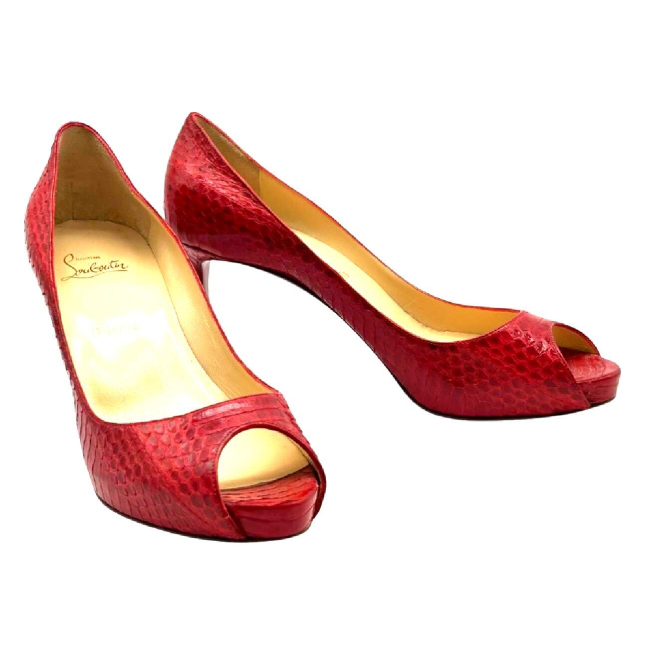 CHRISTIAN LOUBOUTIN Women's No Matter Red Watersnake Peep Toe Pumps Size 39.5