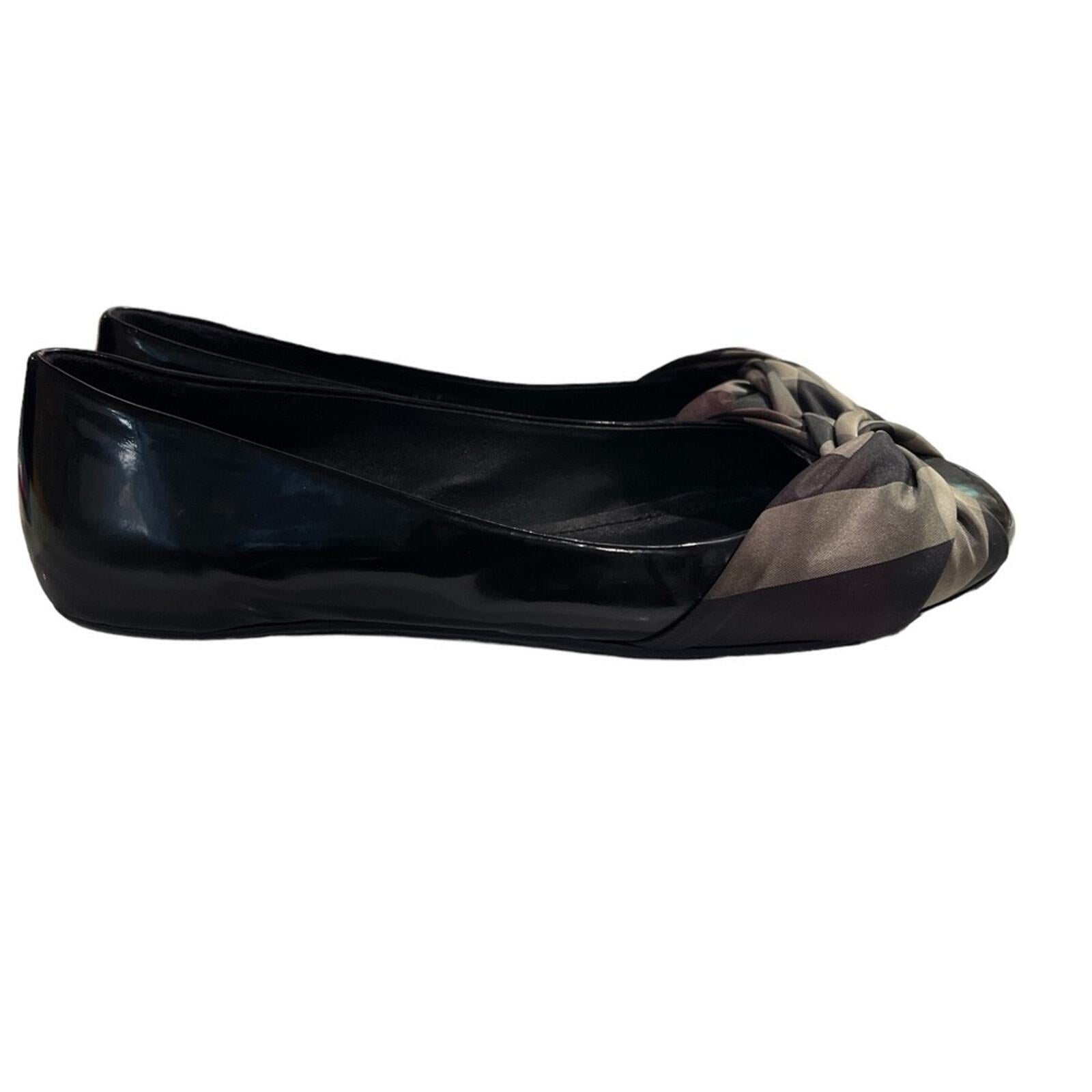 BURBERRY Nova Check Patent Leather Ribbon Ballet Flats Sz 38.5