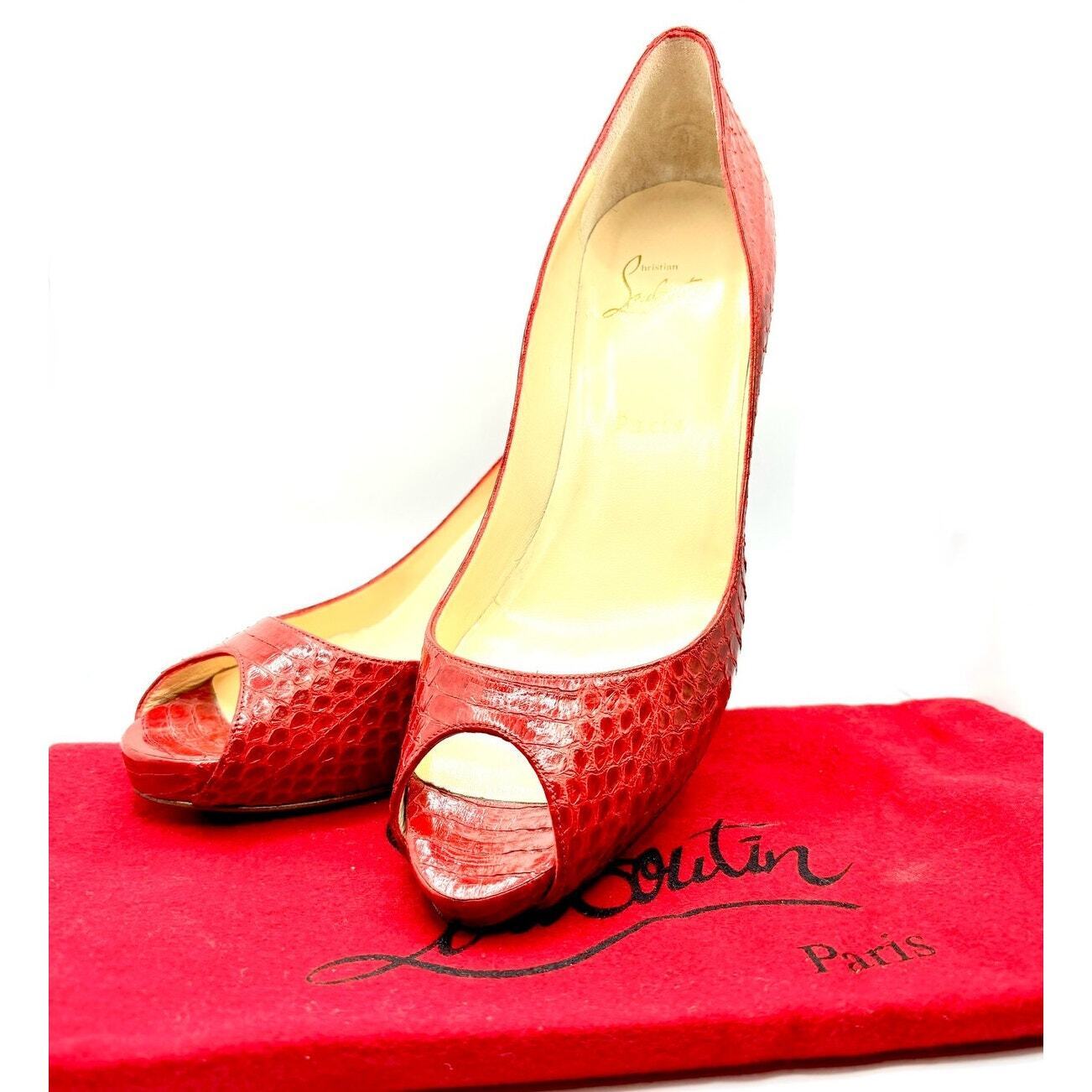 CHRISTIAN LOUBOUTIN Women's No Matter Red Watersnake Peep Toe Pumps Size 39.5