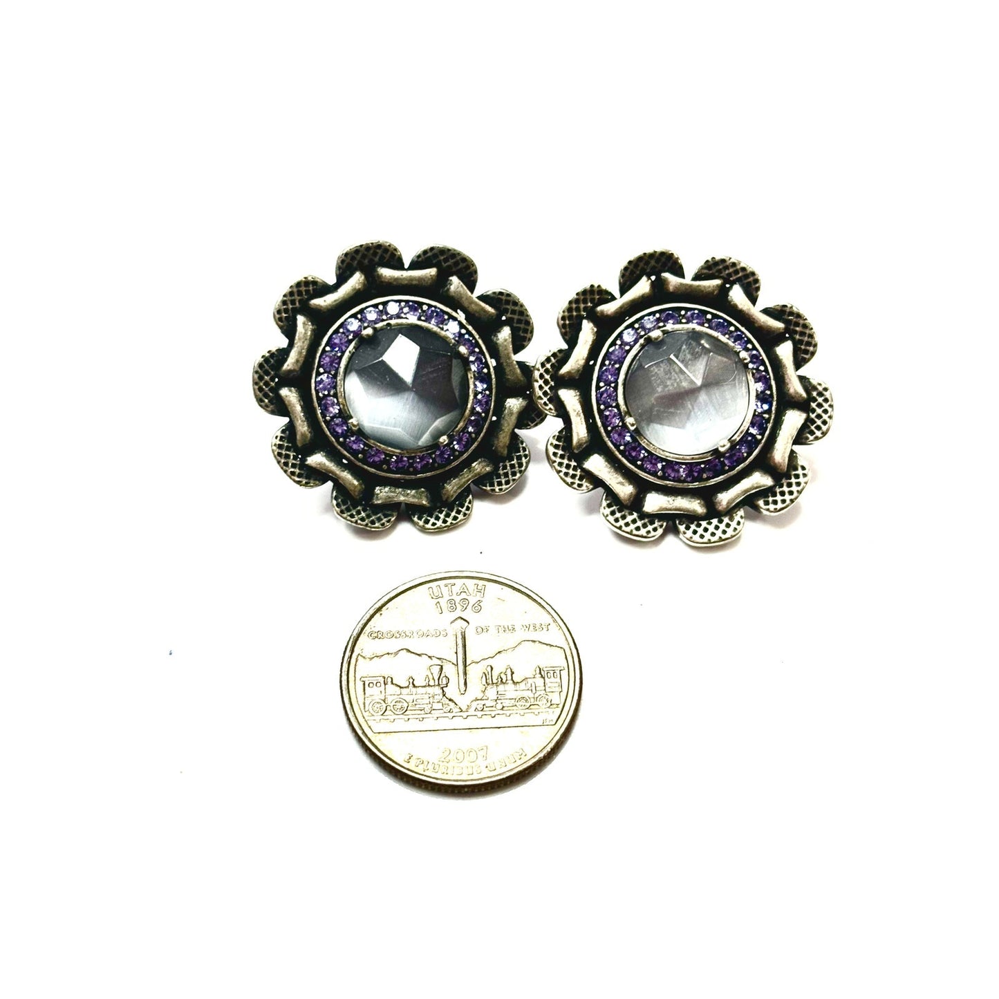 GIVENCHY Vintage Antique Silver Tone Button Amethyst Earrings