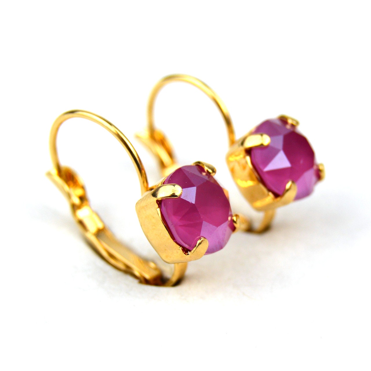 Cushion Cut Peony Pink Jewel Gold Plated Drop Earrings