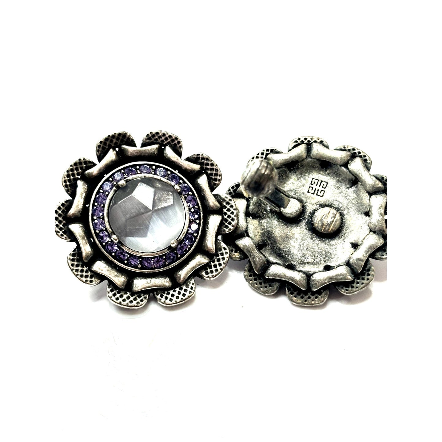 GIVENCHY Vintage Antique Silver Tone Button Amethyst Earrings