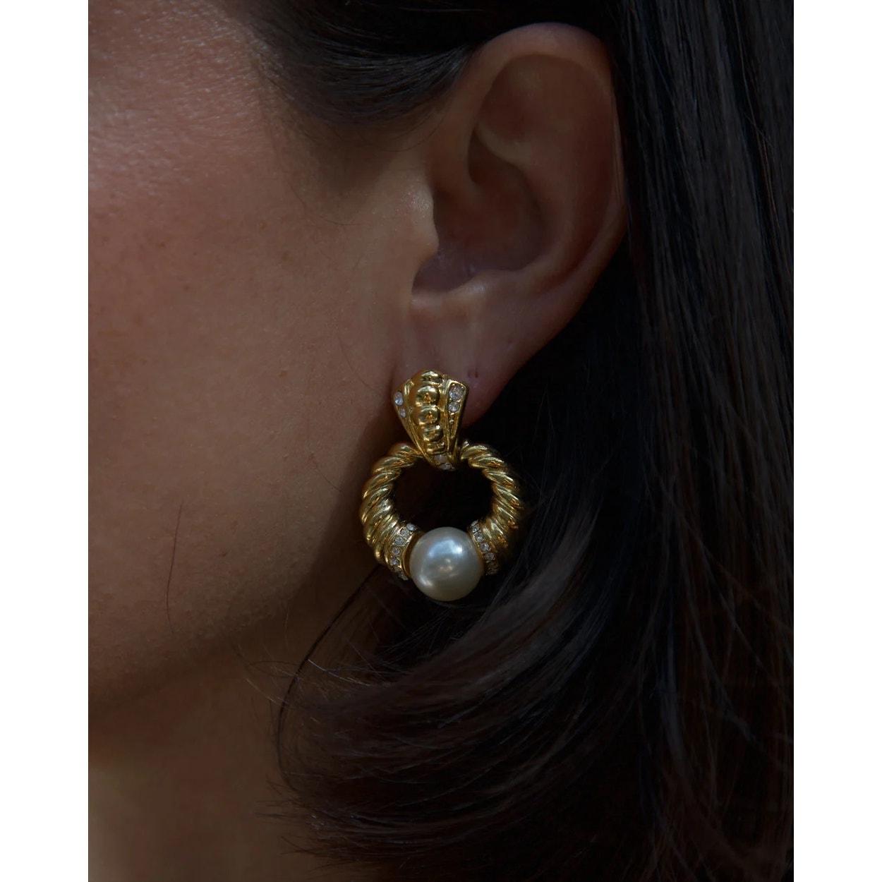 KLJ By Kenneth Jay Lane Vintage Gold & Pearl Door Knocker Style Earrings