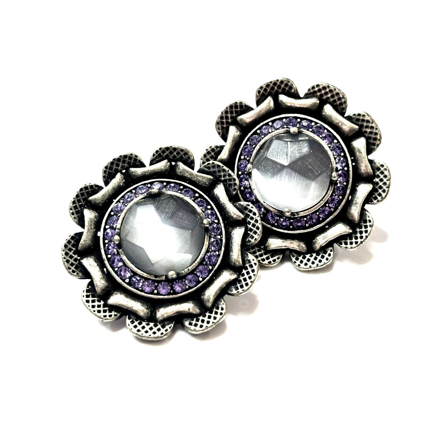 GIVENCHY Vintage Antique Silver Tone Button Amethyst Earrings