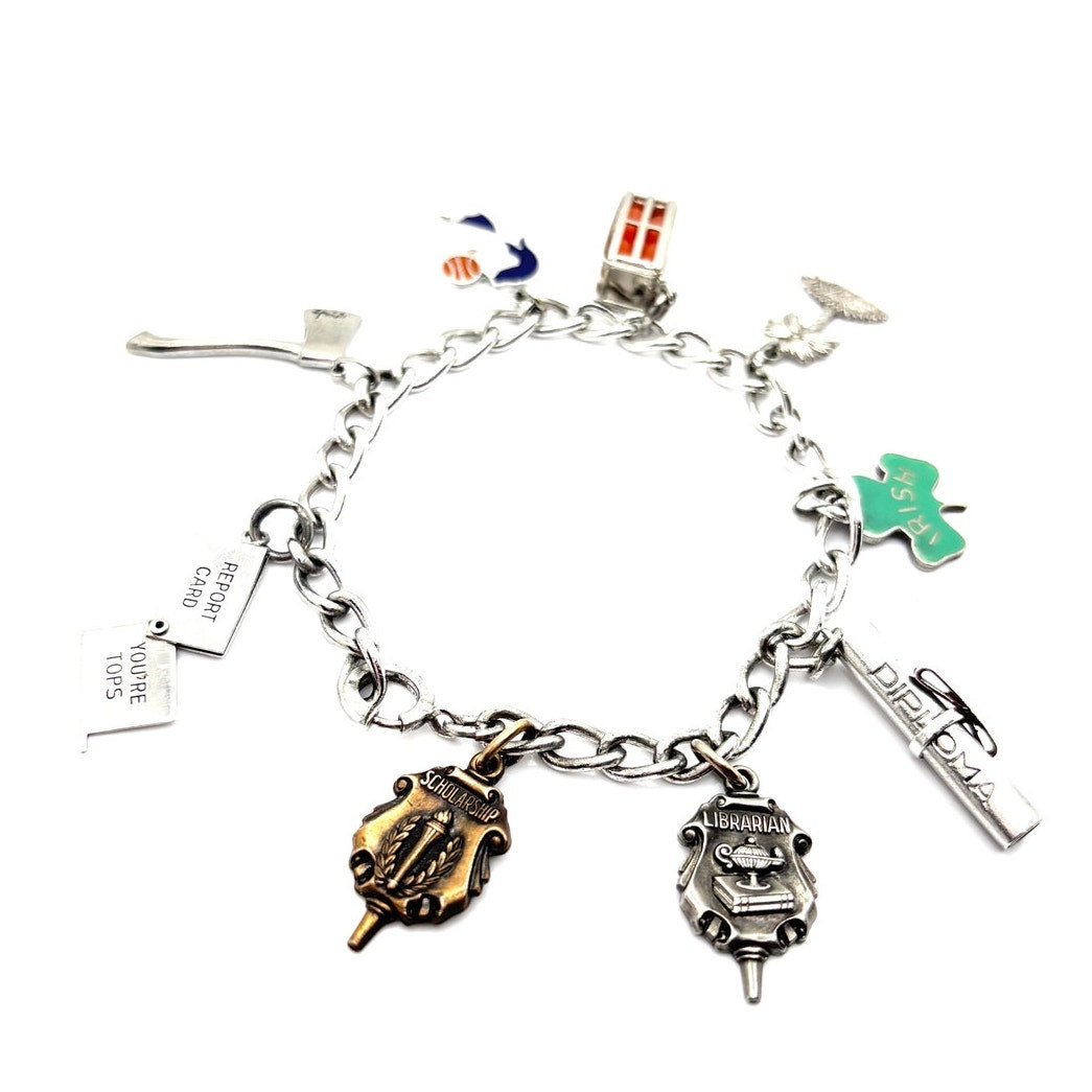 VINTAGE P&B Graduation Themed Sterling Silver Multi Charm Bracelet