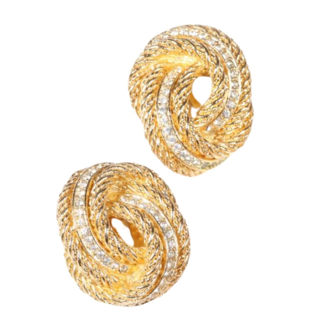 CHRISTIAN DIOR Vintage 1970s Crystal 18k Gold Plated Rope Knot Earrings