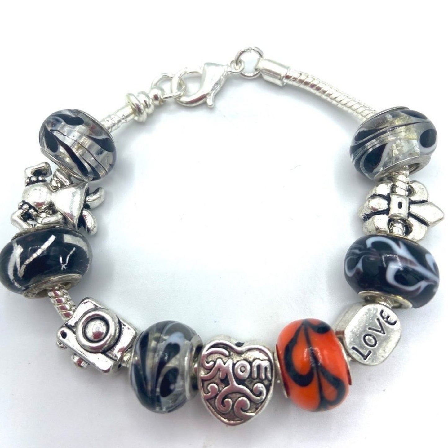 MOM Themed Sterling Silver European Bead Charm Bracelet