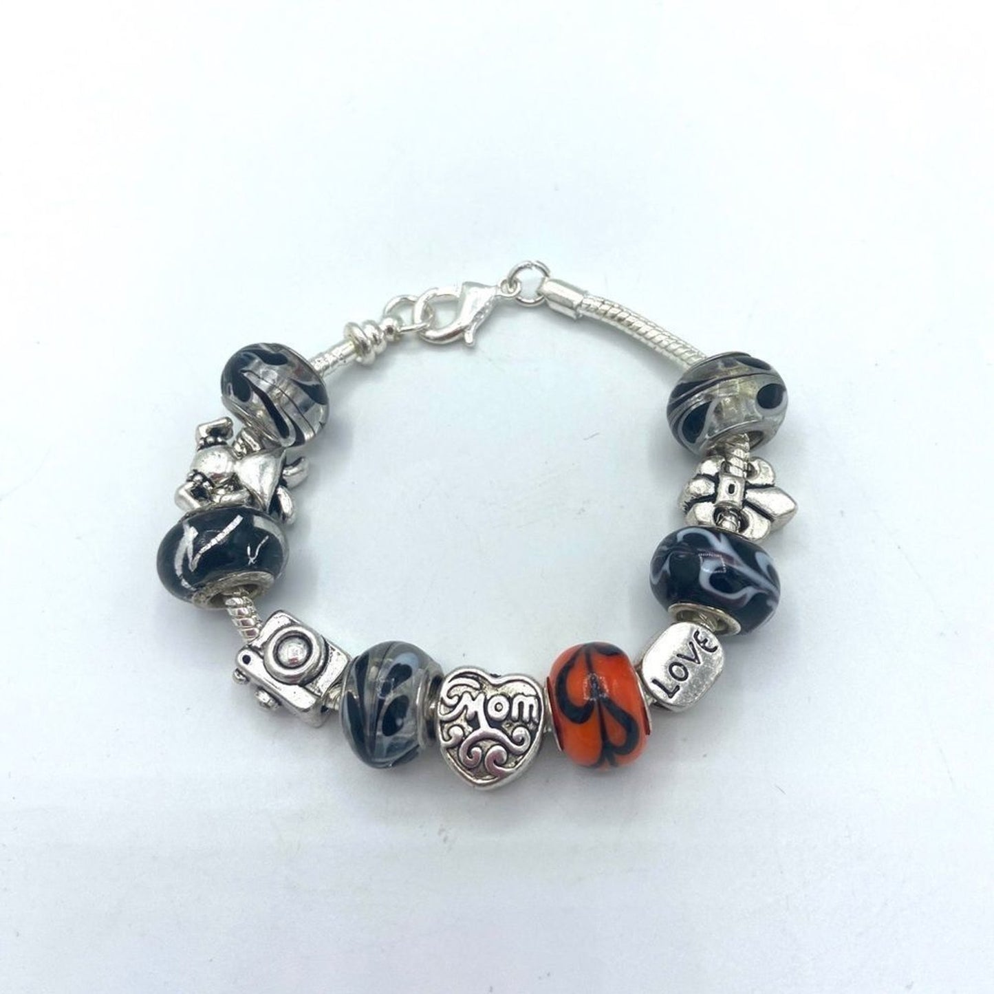 MOM Themed Sterling Silver European Bead Charm Bracelet